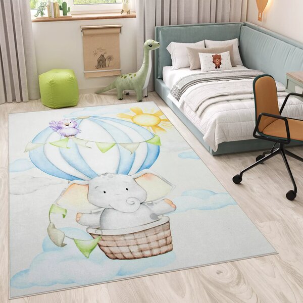 Makro Abra Kusový dětský koberec KIDS 2403139N Slůně Létající balón krémový modrý Rozměr: 80x150 cm