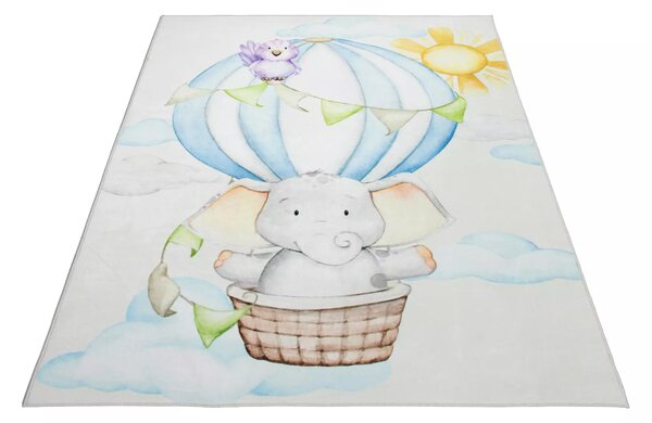 Makro Abra Kusový dětský koberec KIDS 2403139N Slůně Létající balón krémový modrý Rozměr: 80x150 cm