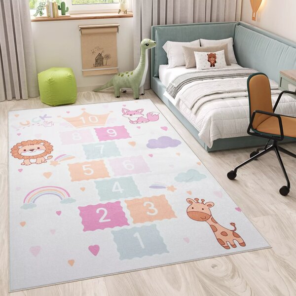Kusový dětský koberec KIDS 2409022D-2 Skákací Panák Zvířátka krémový vícebarevný Rozměr: 80x150 cm