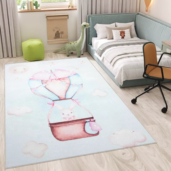Makro Abra Kusový dětský koberec KIDS 2403177N Zajíček Létající Balón krémový hnědý modrý Rozměr: 80x150 cm