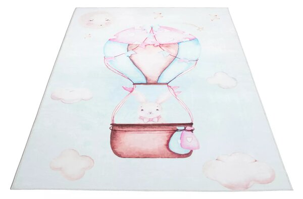 Makro Abra Kusový dětský koberec KIDS 2403177N Zajíček Létající Balón krémový hnědý modrý Rozměr: 80x150 cm