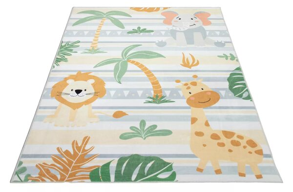 Makro Abra Kusový dětský koberec KIDS 2409024D-1 Slon Žirafa Lev krémový zelený Rozměr: 80x150 cm