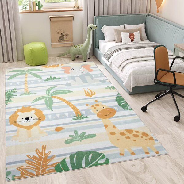 Makro Abra Kusový dětský koberec KIDS 2409024D-1 Slon Žirafa Lev krémový zelený Rozměr: 80x150 cm