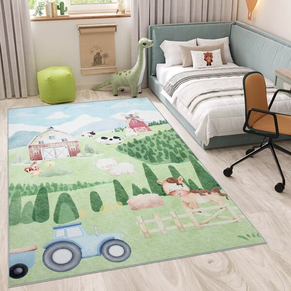 Makro Abra Kusový dětský koberec KIDS 2409030D-1 Traktor Domácí Zvířátka zelený Rozměr: 80x150 cm