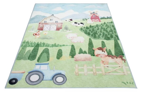 Makro Abra Kusový dětský koberec KIDS 2409030D-1 Traktor Domácí Zvířátka zelený Rozměr: 80x150 cm