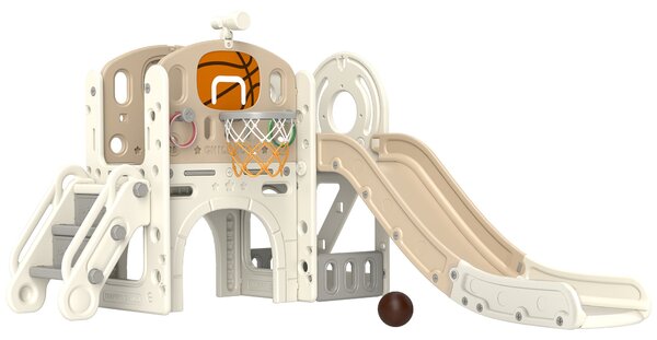 Dětská skluzavka AIYAPLAY, 7 v 1, skluzavka pro batolata s basketbalovým košem, lezeckou konstrukcí, dalekohledem, tunelem, plošinou, úložným košem, d