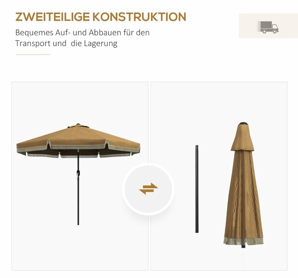 Slunečník Outsunny, Ø265 cm, terasový slunečník s třásněmi, sklopný plážový slunečník s 8 žebry, pro zahradu a balkon, Khaki | Aosom