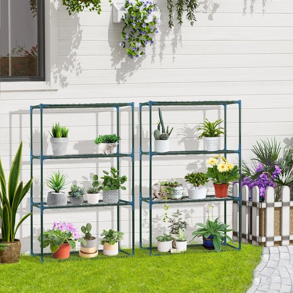 Outsunny Rostlinný stojan 2-pack, stojan na rostliny se 4 úrovněmi, květinový stojan, regál na květiny pro balkon, zahradu, skleník, ocel, zelený, 70