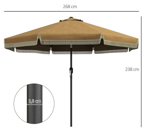 Slunečník Outsunny, Ø265 cm, terasový slunečník s třásněmi, sklopný plážový slunečník s 8 žebry, pro zahradu a balkon, Khaki | Aosom