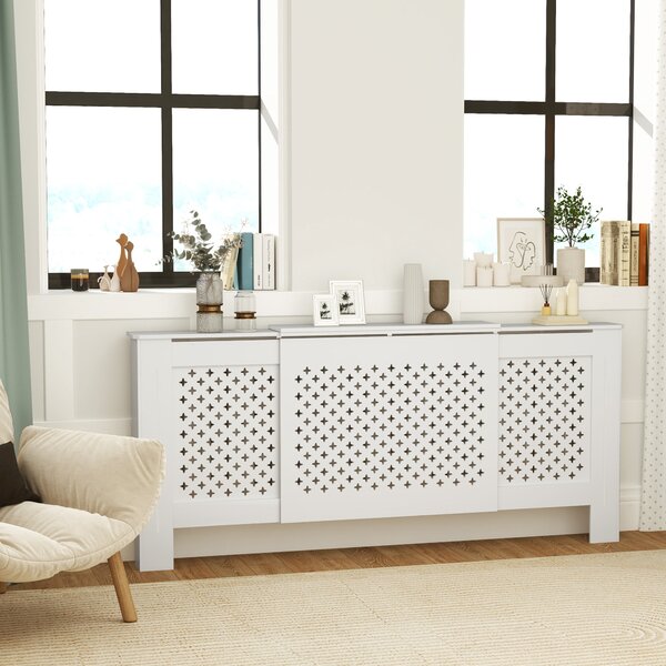 HOMCOM Nastavitelný kryt radiátorů v moderním designu včelí plástve 136-200 x 21,5 x 91,7 cm - Dřevěný kryt radiátorů pro ložnici a obývací pokoj - Bí