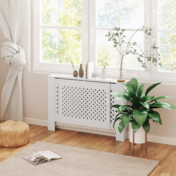 HOMCOM Nastavitelný kryt radiátorů v moderním designu včelí plástve 136-200 x 21,5 x 91,7 cm - Dřevěný kryt radiátorů pro ložnici a obývací pokoj - Bí