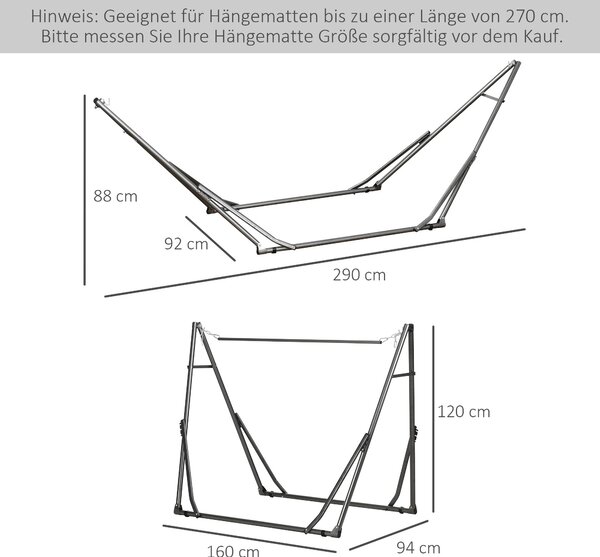 Houpací síťový stojan Outsunny, skládací 2 v 1, stojan na oblečení pro terasu, zahradu, dvorek, nosnost až 120kg, ocel, 290 x 92 x 88cm | Aosom