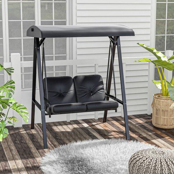 Outsunny Hollywoodské houpací křeslo pro 2 osoby s nastavitelnou slunečník a polštáři, nosnost až 220 kg, pro zahradu, balkon, černá, 145 x 116 x 172