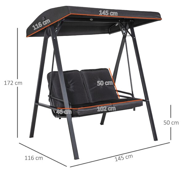 Outsunny Hollywoodské houpací křeslo pro 2 osoby s nastavitelnou slunečník a polštáři, nosnost až 220 kg, pro zahradu, balkon, černá, 145 x 116 x 172