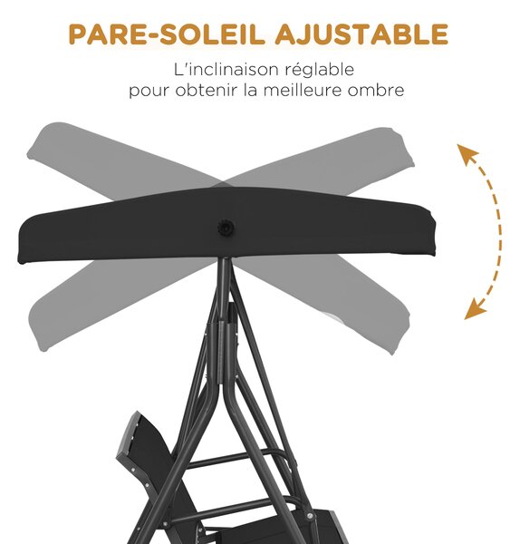 Zahradní houpačka Outsunny pro 3 osoby s nastavitelnou sluneční clonou, ergonomické sedátko a opěradlo, ocel a textilene černá | Aosom