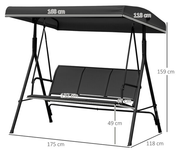 Zahradní houpačka Outsunny pro 3 osoby s nastavitelnou sluneční clonou, ergonomické sedátko a opěradlo, ocel a textilene černá | Aosom