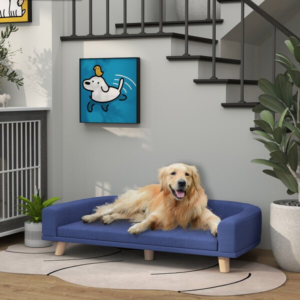 PawHut psí pohovka s odnímatelným a pratelným potahem, skandinávská polyesterová látka s dřevěnými nohami, 98 x 67 x 25 cm – modrá | Aosom