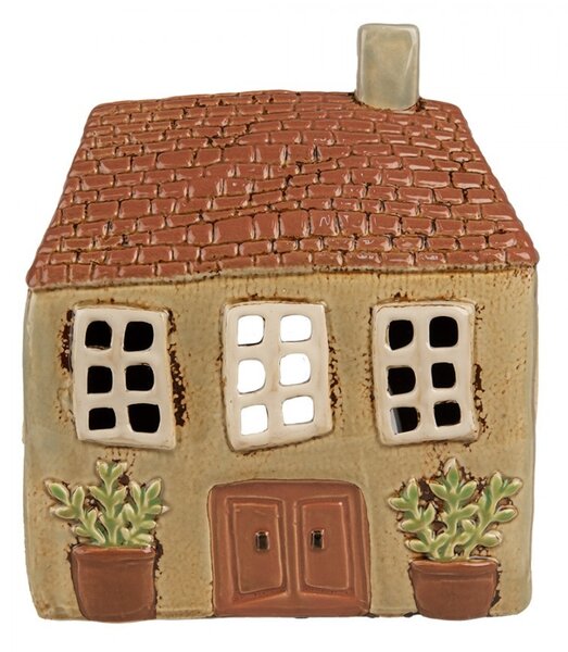 Hnědý keramický svícen na čajovou svíčku domek Amster Village - 17*10*19 cm - Clayre & Eef