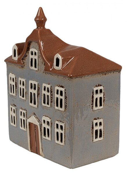 Šedý keramický svícen na čajovou svíčku domek Amster Village - 16*9*20 cm - Clayre & Eef