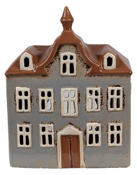 Šedý keramický svícen na čajovou svíčku domek Amster Village - 16*9*20 cm - Clayre & Eef