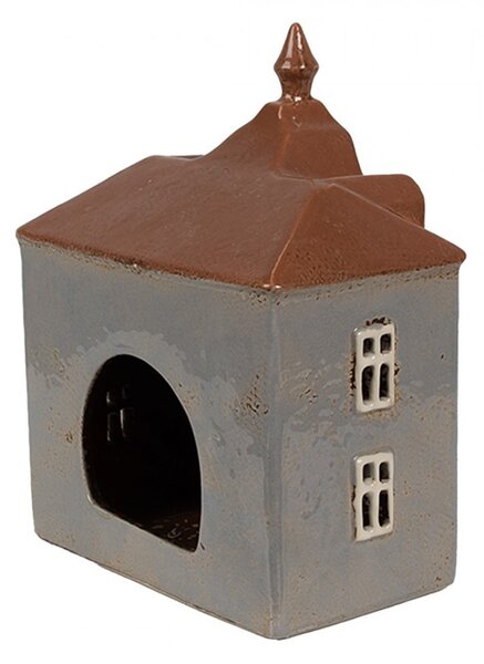 Šedý keramický svícen na čajovou svíčku domek Amster Village - 16*9*20 cm - Clayre & Eef