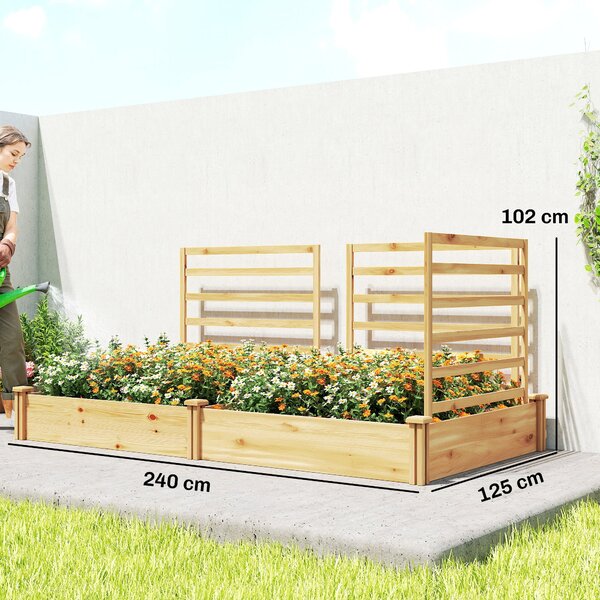 Outsunny vyvýšený dřevěný truhlík s 3 mřížemi, dvojitý záhon a otevřené dno — 240 x 125 x 102 cm — přírodní borovice | Aosom