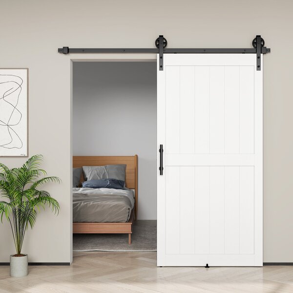 HOMCOM posuvné dveře v country stylu s kolejnicí a kováním, MDF a uhlíková ocel, 106,6 × 213,4 cm, bílá/černá | Aosom