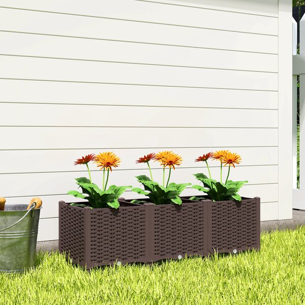Outsunny vyvýšený květináč se samozavlažováním, plastový záhon 120×40×37 cm, otvory s uzávěry, snadná montáž — Aosom
