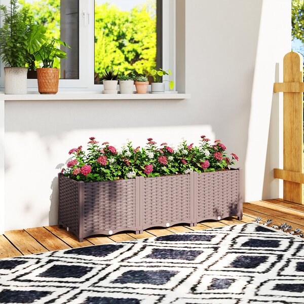 Outsunny vyvýšený květináč se samozavlažováním, plastový záhon 120×40×37 cm, otvory s uzávěry, snadná montáž — Aosom