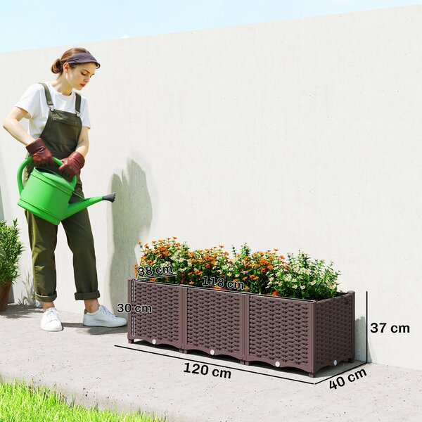 Outsunny vyvýšený květináč se samozavlažováním, plastový záhon 120×40×37 cm, otvory s uzávěry, snadná montáž — Aosom