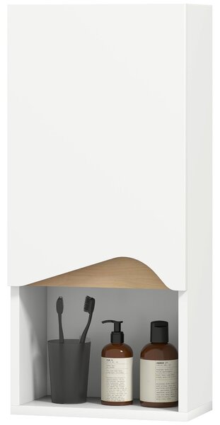 HOMCOM nástěnná koupelnová skříňka — měkce dovírající dveře, nastavitelné police a otevřená přihrádka, 30 x 17 x 67 cm — bílá | Aosom