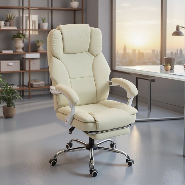 HOMCOM ergonomická kancelářská židle — sklopné opěradlo, nastavitelná výška, podnožka, 360° otočná, taštičkové pružiny, ekokůže, béžová | Aosom