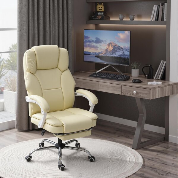 HOMCOM ergonomická kancelářská židle — sklopné opěradlo, nastavitelná výška, podnožka, 360° otočná, taštičkové pružiny, ekokůže, béžová | Aosom