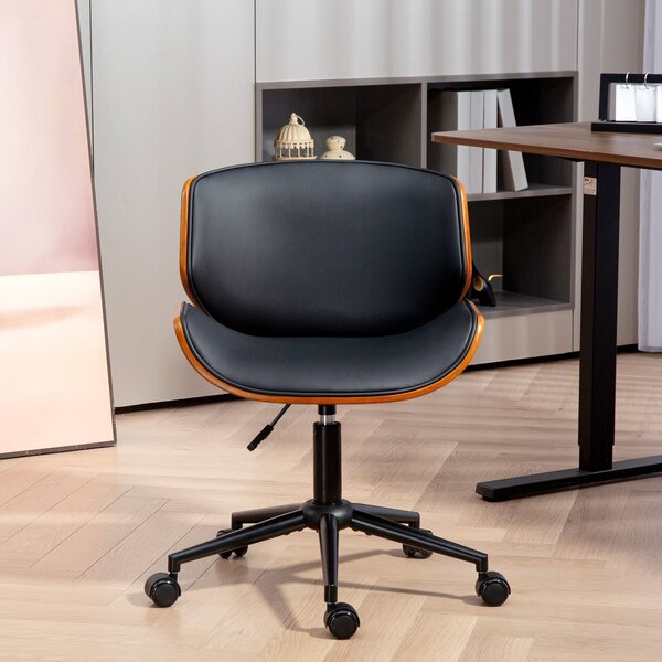 HOMCOM mid-century kancelářská židle bez područek — ergonomická, výškově nastavitelná, 360° otočná, PU, černá a ořech | Aosom