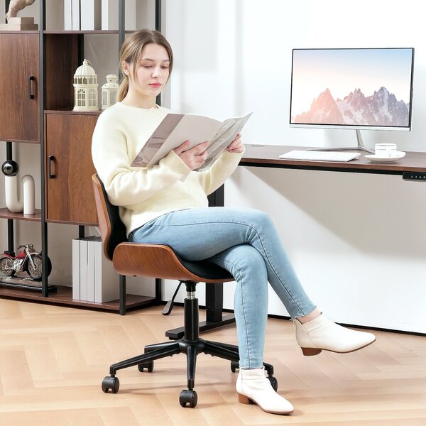 HOMCOM mid-century kancelářská židle bez područek — ergonomická, výškově nastavitelná, 360° otočná, PU, černá a ořech | Aosom