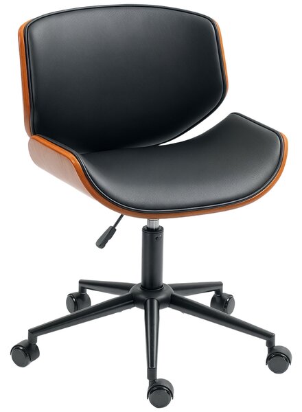 HOMCOM mid-century kancelářská židle bez područek — ergonomická, výškově nastavitelná, 360° otočná, PU, černá a ořech | Aosom