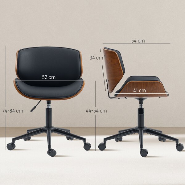 HOMCOM mid-century kancelářská židle bez područek — ergonomická, výškově nastavitelná, 360° otočná, PU, černá a ořech | Aosom