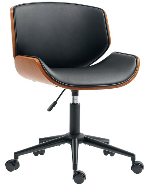 HOMCOM mid-century kancelářská židle bez područek — ergonomická, výškově nastavitelná, 360° otočná, PU, černá a ořech | Aosom