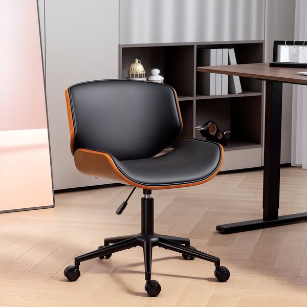 HOMCOM mid-century kancelářská židle bez područek — ergonomická, výškově nastavitelná, 360° otočná, PU, černá a ořech | Aosom