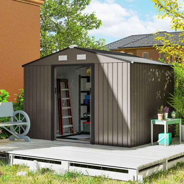 Outsunny XXL pozinkovaný ocelový zahradní domek 5,4 m² s montážní sadou, 277 × 195 × 192 cm, uzamykatelné posuvné dveře, 4 větrací otvory, hnědý | Aos