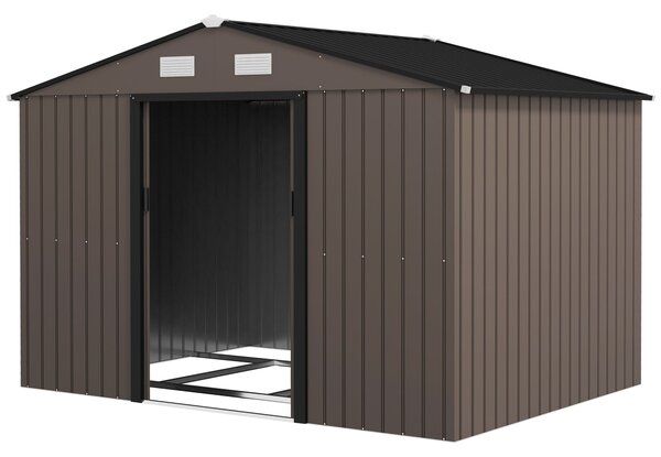 Outsunny XXL pozinkovaný ocelový zahradní domek 5,4 m² s montážní sadou, 277 × 195 × 192 cm, uzamykatelné posuvné dveře, 4 větrací otvory, hnědý | Aos