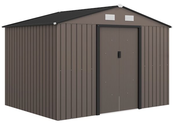 Outsunny XXL pozinkovaný ocelový zahradní domek 5,4 m² s montážní sadou, 277 × 195 × 192 cm, uzamykatelné posuvné dveře, 4 větrací otvory, hnědý | Aos