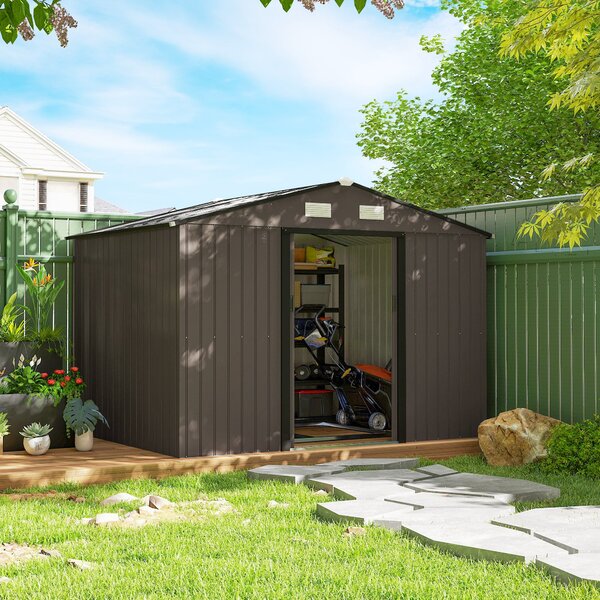 Outsunny XXL pozinkovaný ocelový zahradní domek 5,4 m² s montážní sadou, 277 × 195 × 192 cm, uzamykatelné posuvné dveře, 4 větrací otvory, hnědý | Aos