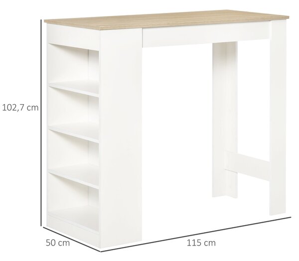 HOMCOM barový stůl pro 2 osoby, vysoký bistro stůl se 4 otevřenými policemi pro malé prostory — 115 x 50 x 102,7 cm, bílá/přírodní | Aosom