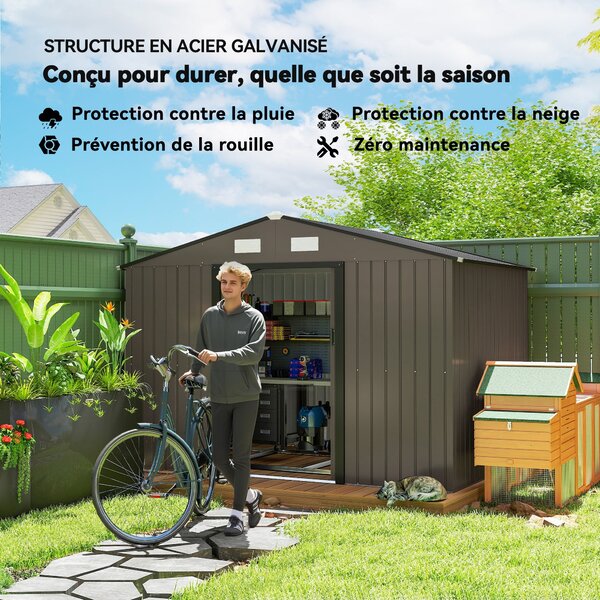 Outsunny XXL pozinkovaný ocelový zahradní domek 5,4 m² s montážní sadou, 277 × 195 × 192 cm, uzamykatelné posuvné dveře, 4 větrací otvory, hnědý | Aos