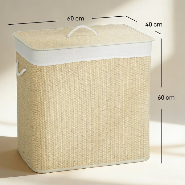 HOMCOM bambusový koš na prádlo s víkem, 144 l, 3 přihrádky, pratelná vložka, madla, 60×40×60 cm, krémový | Aosom