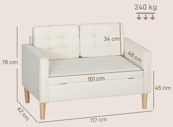HOMCOM dvoumístná úložná pohovka, sametový vzhled, nohy z kaučukovníku, knoflíkové prošívání — 117 × 62 × 78 cm | Aosom