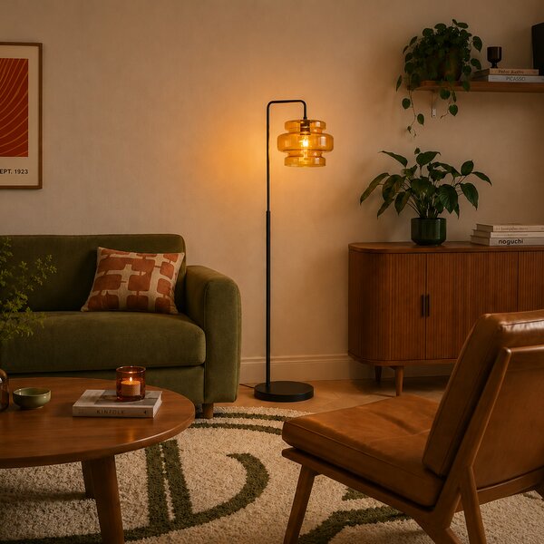 Retro stojací lampa černá s oranžovým sklem - Denise