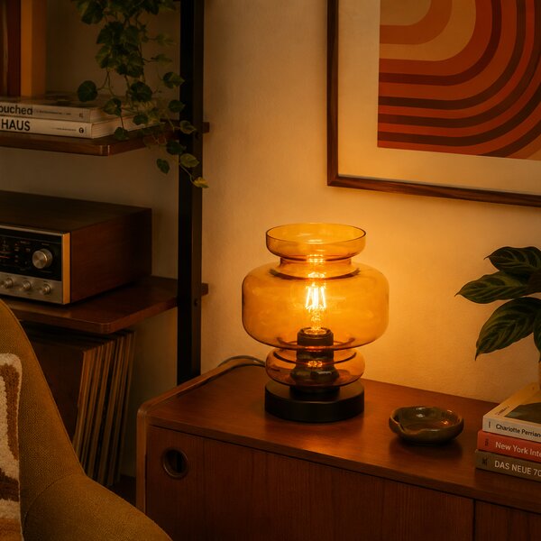 Retro stolní lampa černá s oranžovým sklem - Denise