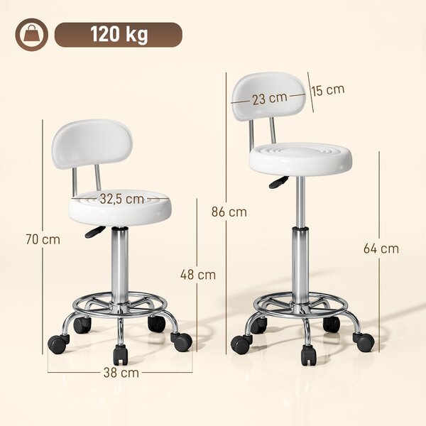 HOMCOM nastavitelná otočná stolička s opěradlem, bílá PU — výška 70–86 cm | Aosom